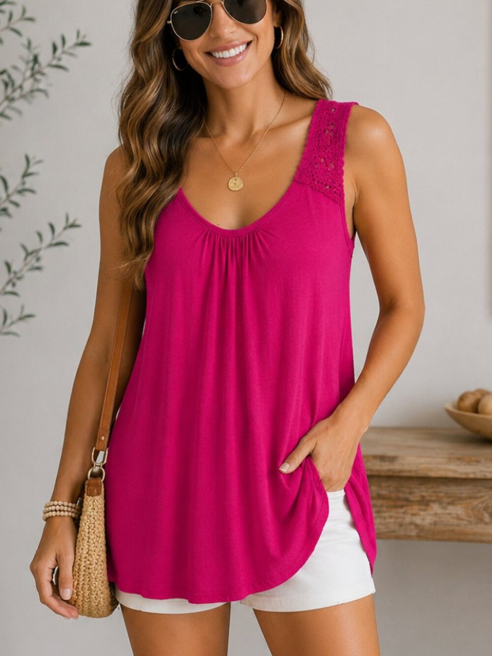 Faded Glory Hot Pink Sleeveless Tank Tunic Crochet Strap Swim Coverup Large